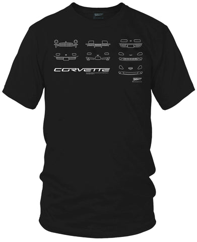 Image of Corvette fronts t Shirt - C1-C6 Style - All Corvettes shirt